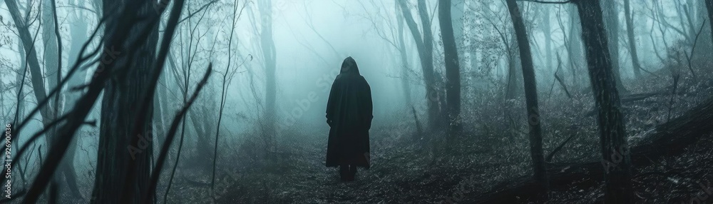 Mysterious figure in a dark forest shrouded in fog, evoking a sense of intrigue and suspense in the eerie atmosphere. Mysterious figure in a dark forest shrouded in fog, evoking a sense of intrigue and suspense in the eerie atmosphere.