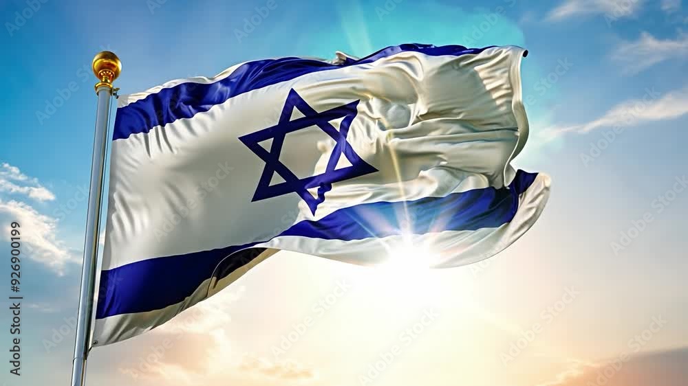 Six israeli flags waving in the wind on a sunny day