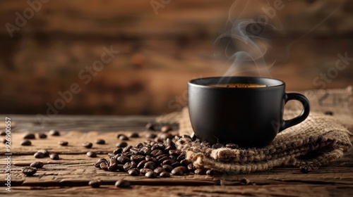 A steaming cup of black coffee on a rustic wooden surface, with coffee beans scattered around.