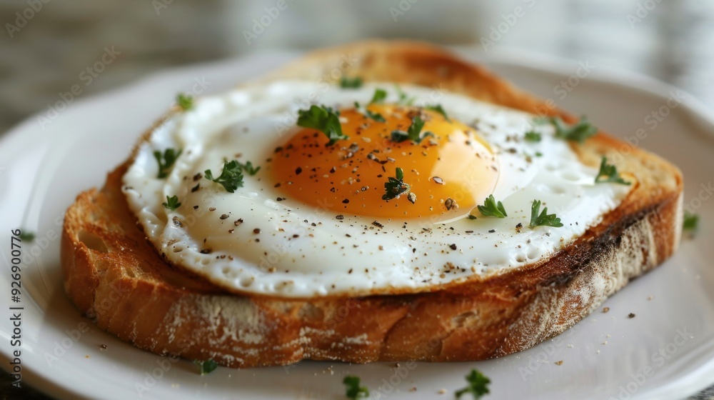 A sunny-side-up egg cooked to perfection, served on a slice of sourdough bread. A sunny-side-up egg cooked to perfection, served on a slice of sourdough bread.