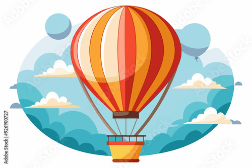 Colorful Striped Hot Air Balloon Ascending in a Blue Sky with Clouds