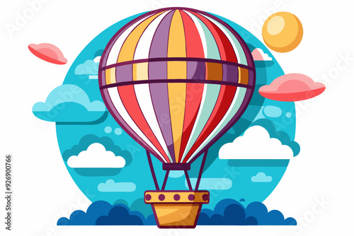 Colorful Hot Air Balloon Soaring Through the Sky with Clouds and a Sun