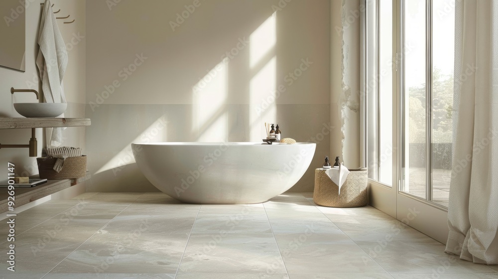 A tile floor with a subtle, textured surface, providing a non-slip and stylish option for bathrooms. A tile floor with a subtle, textured surface, providing a non-slip and stylish option for bathrooms.