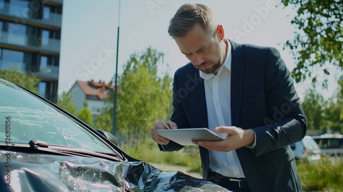 An insurance adjuster inspecting a car after an accident, taking notes on a tablet with a serious expression photo