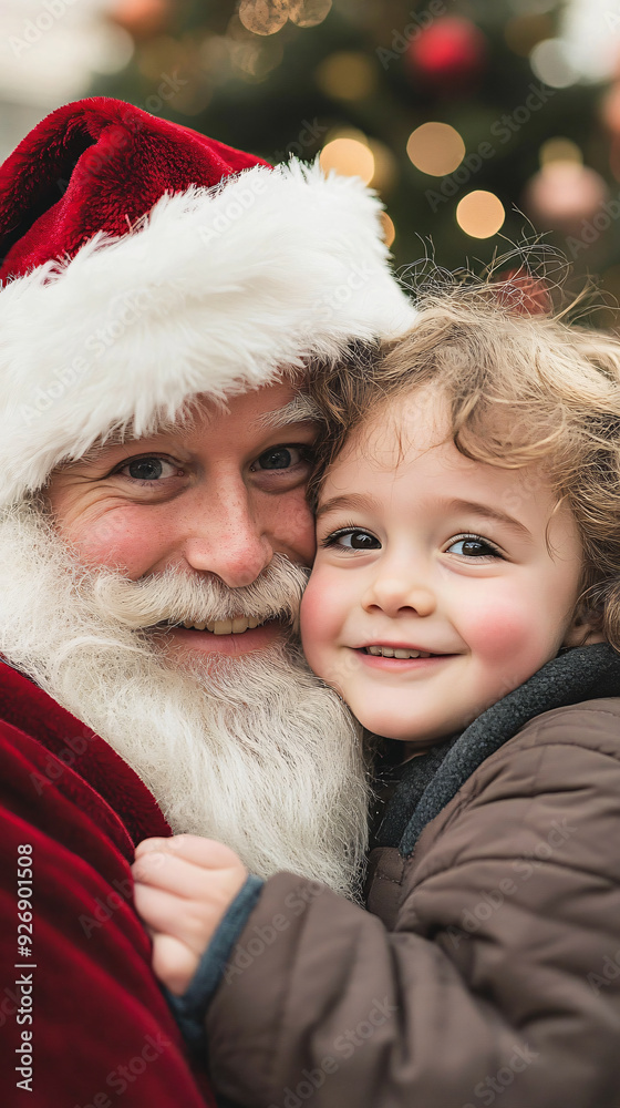 Magical Holiday Embrace: Child's Joyful Hug from Santa Claus in Festive Christmas Setting Magical Holiday Embrace: Child's Joyful Hug from Santa Claus in Festive Christmas Setting