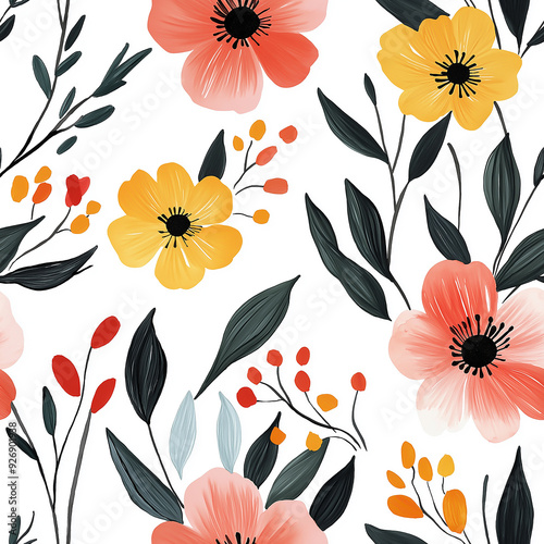 handdrawn painting of cute and beautiful flowers, white background