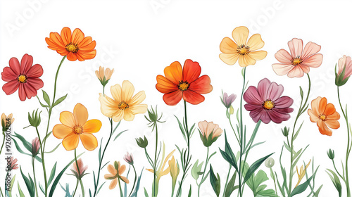handdrawn painting of cute and beautiful flowers, white background