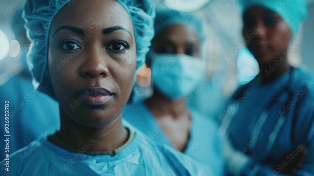 Black female surgeon preparing for operating room with help of nurse in hospital. Black female surgeon preparing for operating room with help of nurse in hospital.