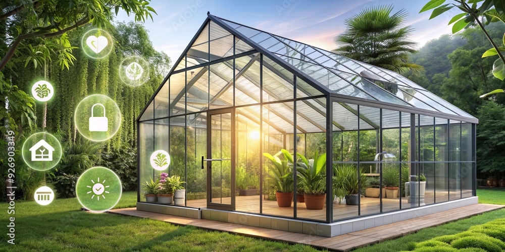 A modern green house with energy symbols and smart home technology in a lush natural setting A modern green house with energy symbols and smart home technology in a lush natural setting