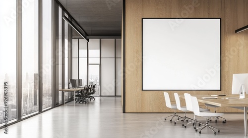 Large blank frame in a minimalist office with sleek furniture