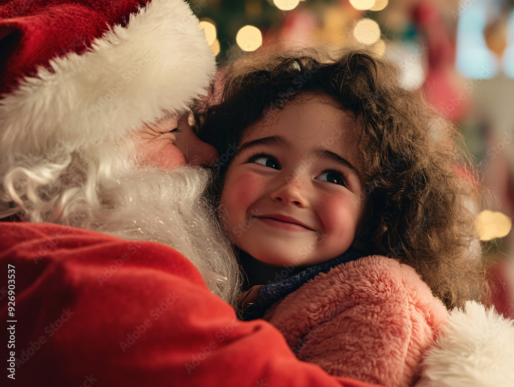 Magical Encounter: Child's Joyful Hug from Santa in Festive Christmas Scene Magical Encounter: Child's Joyful Hug from Santa in Festive Christmas Scene