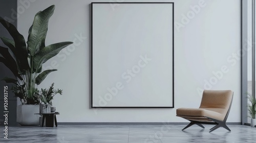 Large blank frame in a minimalist office with sleek furniture