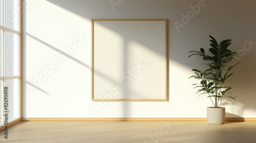 Minimalist living room with a blank wall frame and a single plant