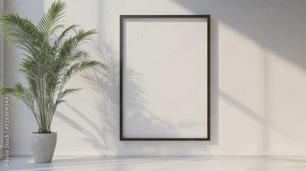 Minimalist living room with a blank wall frame and a single plant Minimalist living room with a blank wall frame and a single plant