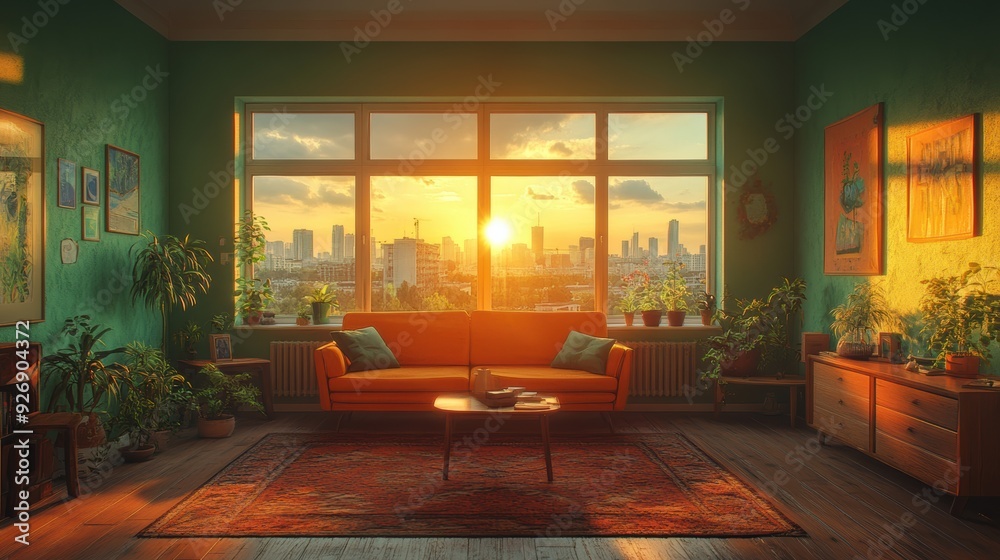 A compact, stylish living room inside a digital concept model A compact, stylish living room inside a digital concept model
