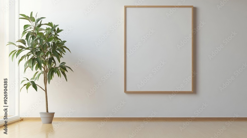 Minimalist living room with a blank wall frame and a single plant Minimalist living room with a blank wall frame and a single plant