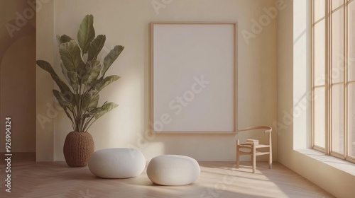 Minimalist living room with a blank wall frame and a single plant