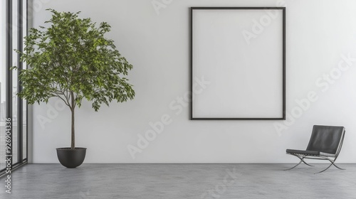 Minimalist living room with a blank wall frame and a single plant