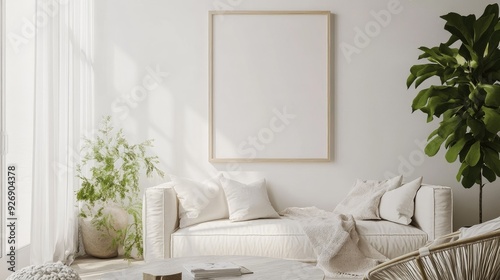 Minimalist living room with a blank wall frame and a single plant