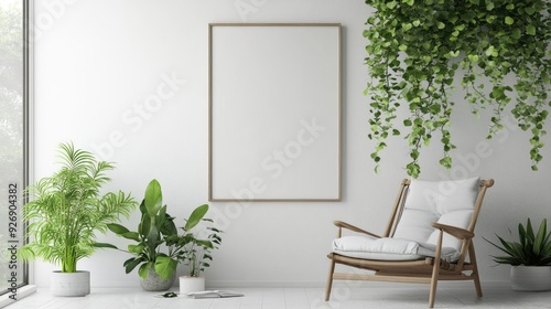Minimalist living room with a blank wall frame and a single plant