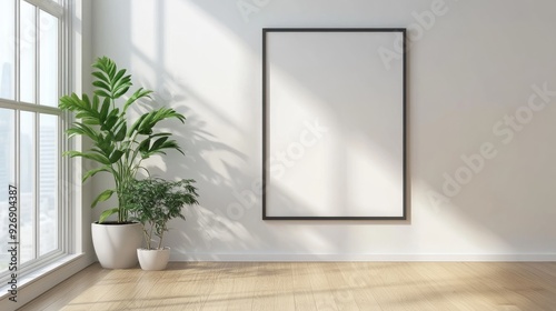 Minimalist living room with a blank wall frame and a single plant