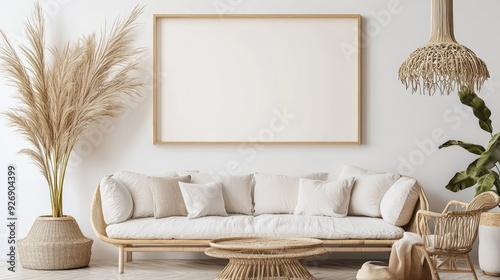 Minimalist living room with a blank wall frame and a single plant