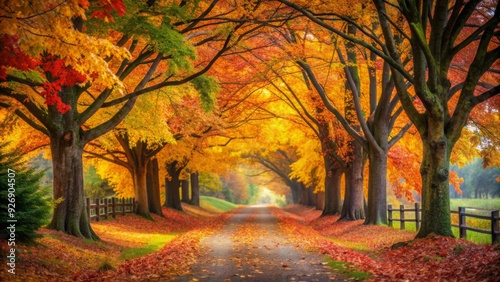 Enchanting fall scene featuring a tree-lined pathway surrounded by colorful leaves , Autumn, foliage, trees, pathway, vibrant