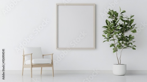 Minimalist living room with a blank wall frame and a single plant