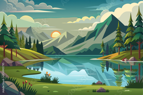 Tranquil Mountain Lake with Pine Trees and Sun