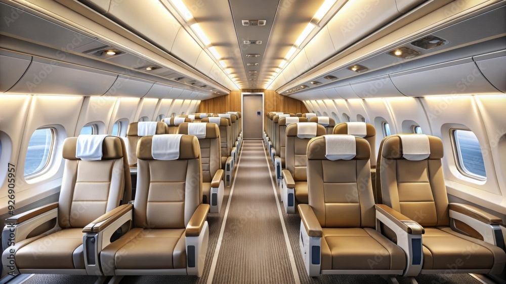 Interior of an airplane with comfortable seats and overhead compartments, travel, transportation, aviation, flight Interior of an airplane with comfortable seats and overhead compartments, travel, transportation, aviation, flight