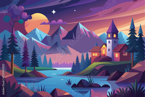A Mountainous Landscape with a Winding River and Houses at Twilight