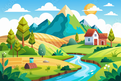 Cartoon Landscape with Mountain, River, House and Trees