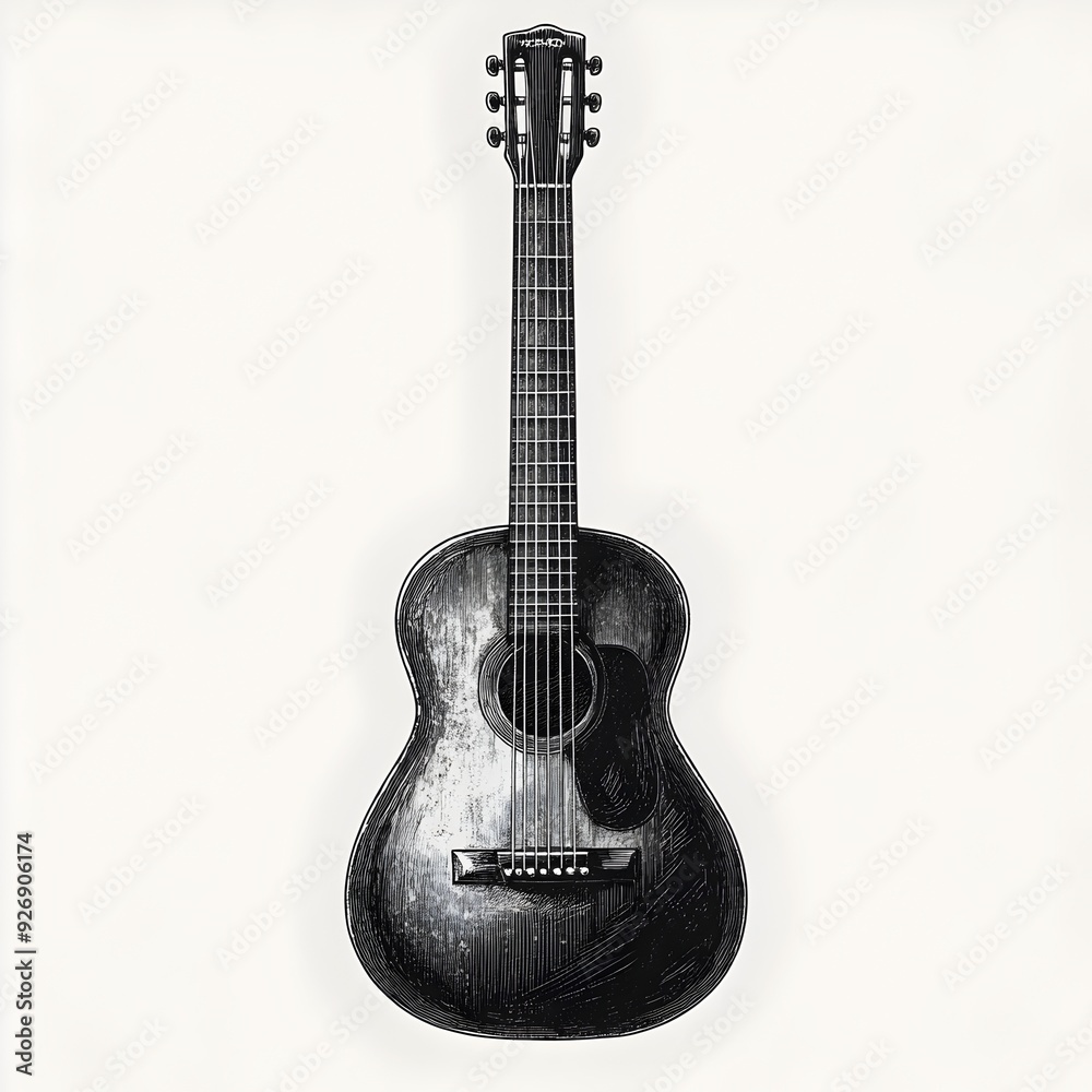 Obraz premium Monochrome of a Minimalist Acoustic Guitar with Six Strings