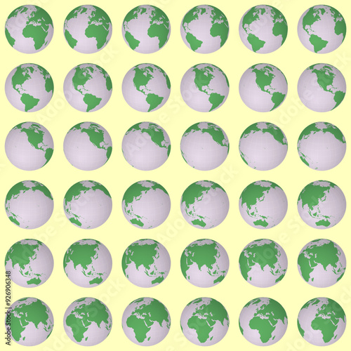 Collection of earth globes. Slanted sphere view. Rotation step 10 degrees. Solid color style. World map with sparse graticule lines on warm background. Fancy vector illustration.