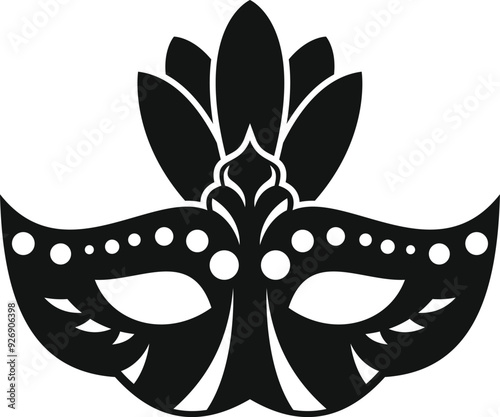 Black and white illustration of a carnival mask with feathers, representing celebration and mystery