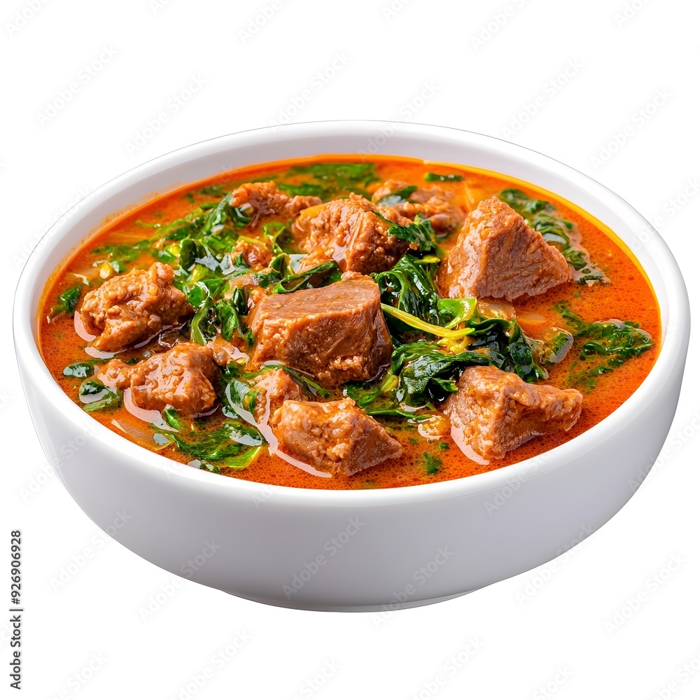 Flavorful Egusi Soup Dish in Bowl on White Background Flavorful Egusi Soup Dish in Bowl on White Background