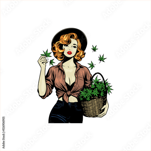 pinup girl as hemp cbd farmer illustration logo	
