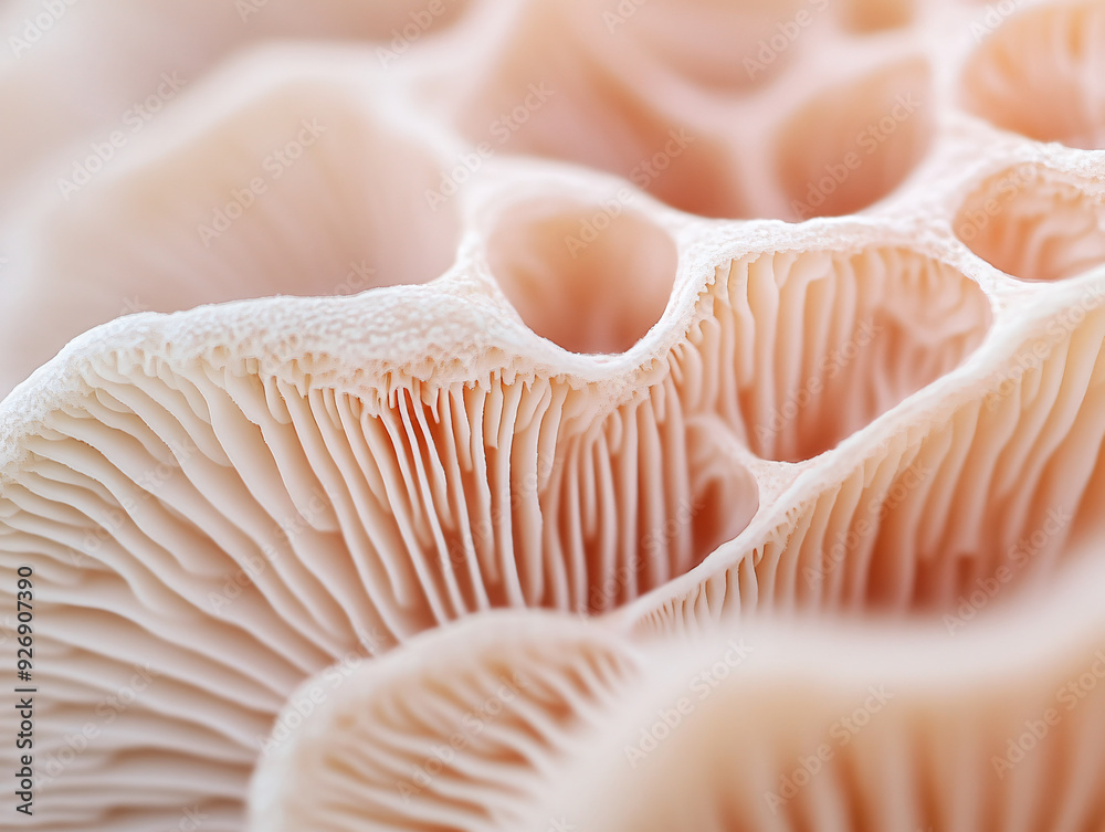 Delicate Beauty of Mushroom Gills: Macro Shot Revealing the Intricate Lamellae Patterns and Textures for Spore Production Delicate Beauty of Mushroom Gills: Macro Shot Revealing the Intricate Lamellae Patterns and Textures for Spore Production