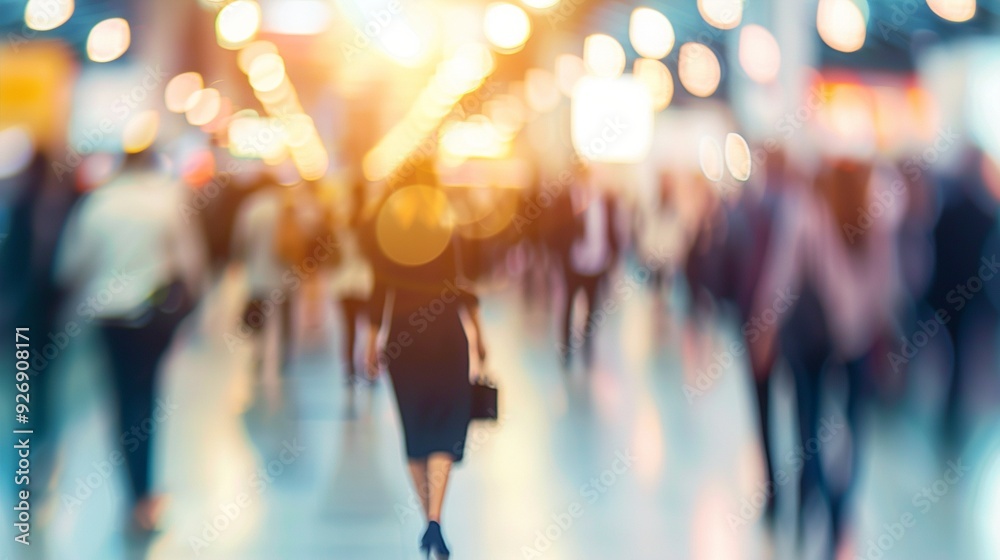 Blurred silhouettes of urban commuters in motion, with a central figure walking towards bright, bokeh lights, capturing the energy of a bustling city street. Blurred silhouettes of urban commuters in motion, with a central figure walking towards bright, bokeh lights, capturing the energy of a bustling city street.