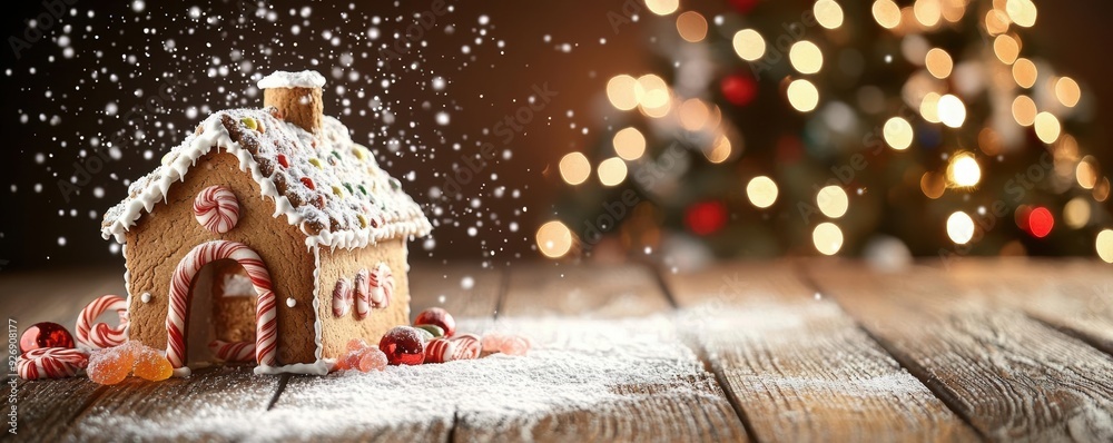 Naklejka premium Gingerbread house with candy decorations on a snowy wooden table, blurred Christmas lights in the background