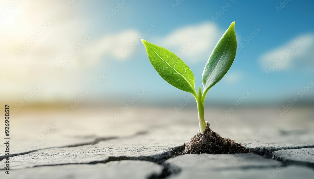 A single green sprout emerges from cracked earth against a bright blue sky. A single green sprout emerges from cracked earth against a bright blue sky.