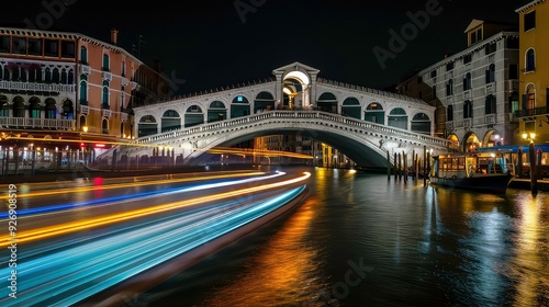 A night shot of a bridge in Venice, Italy, with light trails from boats in the water.