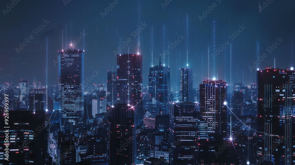 Night Cityscape with Neon Lights and Digital Connections Night Cityscape with Neon Lights and Digital Connections