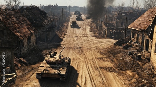 Tank Convoy Battles Through War-Torn Village: A Haunting Image photo