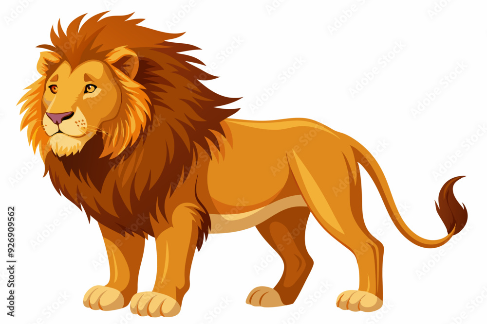 A majestic lion with a flowing mane standing on a white background A majestic lion with a flowing mane standing on a white background