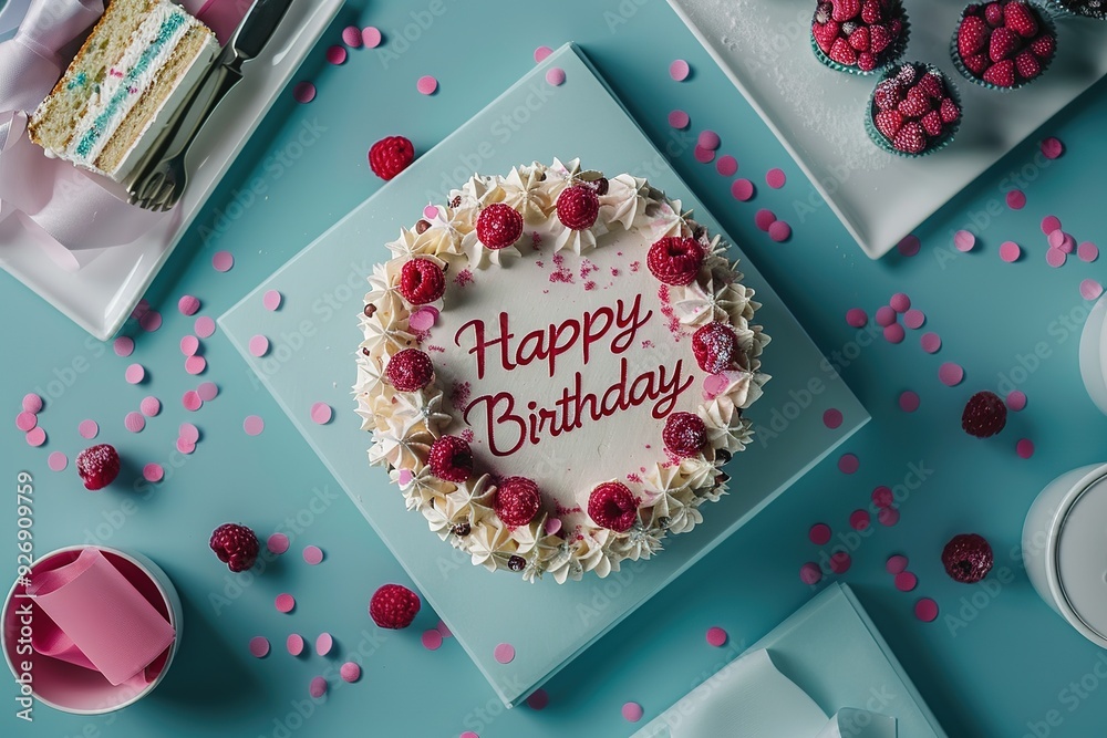 Top view of a birthday cake with raspberries and confetti. Top view of a birthday cake with raspberries and confetti.