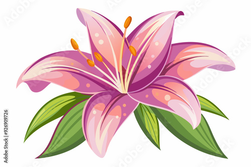 Pink Lily with Green Leaves Isolated on White Background