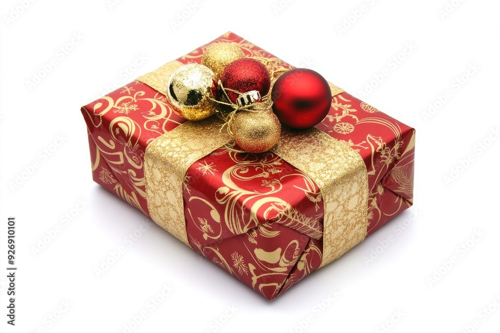 A beautifully wrapped Christmas present with red and gold ornaments A beautifully wrapped Christmas present with red and gold ornaments