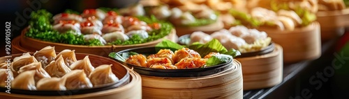 Assortment of steamed dumplings in bamboo baskets, a variety of fillings and flavors. photo