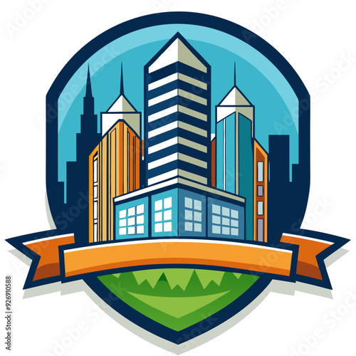 Cityscape Logo with a Banner and Green Hills